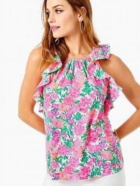 Lilly Pulitzer Pink & Green Floral Ruffle Shell